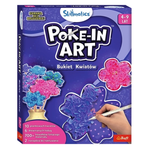 Przód opakowania zestawu Poke-In Art „Bukiet Kwiatów” z logotypami Skillmatics i Trefl, prezentujący zawartość i technikę nakłuwania materiału.