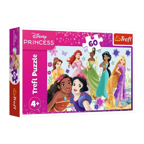 Opakowanie puzzli Trefl z serii Disney Princess, przedstawiające siedem popularnych księżniczek na fioletowo-różowym tle.