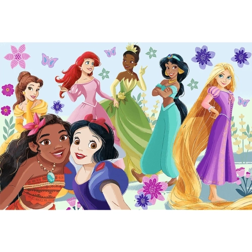 Kolorowa ilustracja z puzzli przedstawiająca postacie Disney Princess: Moanę, Śnieżkę, Bellę, Ariel, Tianę, Dżasminę i Roszpunkę.