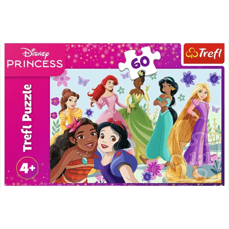 Przód pudełka puzzli Disney Princess marki Trefl, zawierający informację o 60 elementach i sugerowanym wieku 4+.