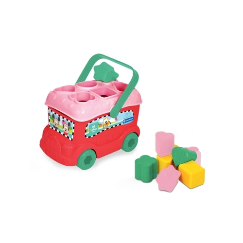 Czerwony zabawkowy autobus Disney Baby z różową pokrywą-sorterem, zieloną rączką i zestawem kolorowych klocków obok.