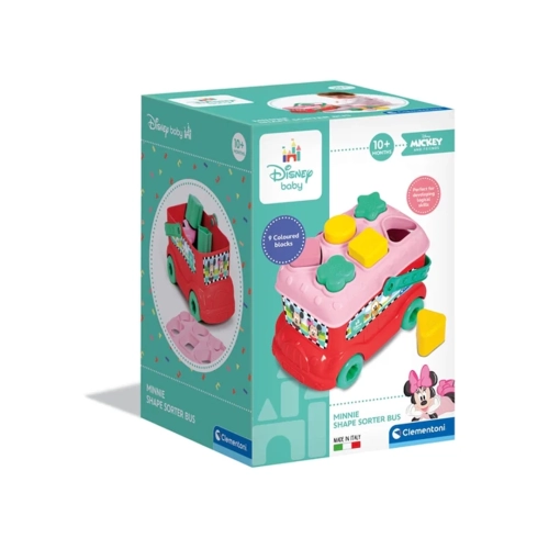 Kolorowe opakowanie produktu Autobus Baby Minnie marki Clementoni z widoczną grafiką zabawki i oznaczeniem wieku 10m+.