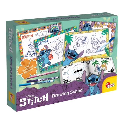 Opakowanie zestawu kreatywnego Stitch Szkoła Rysowania marki Lisciani, zawierające tablice do rysowania, książeczkę i perfumowane mazaki.