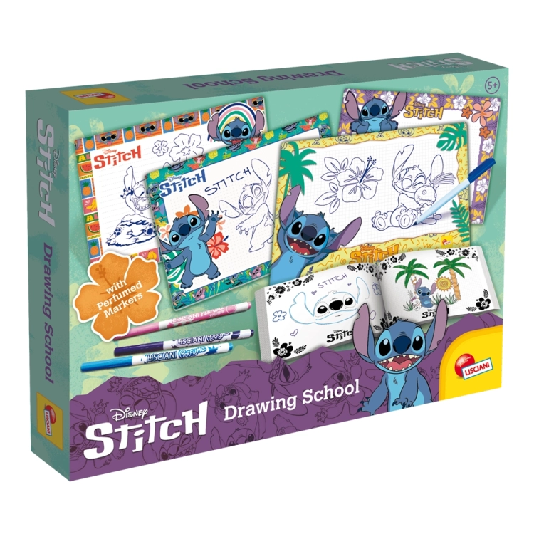 Opakowanie zestawu kreatywnego Stitch Szkoła Rysowania marki Lisciani, zawierające tablice do rysowania, książeczkę i perfumowane mazaki.