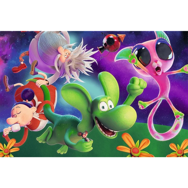 Kolorowa ilustracja z puzzli prezentująca Smoka Diplodoka oraz jego bajkowych przyjaciół na tle gwieździstego nieba.