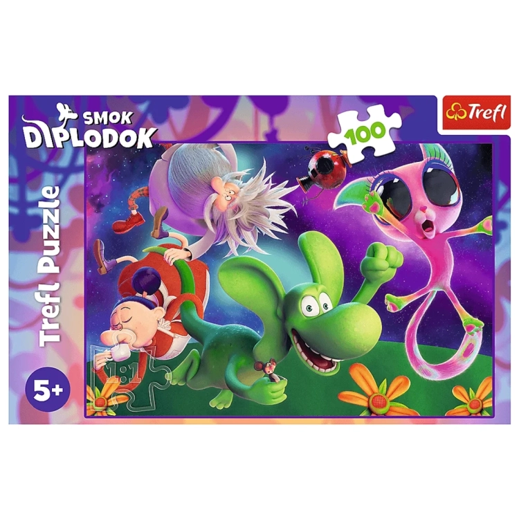 Przód pudełka puzzli "Smok Diplodok" marki Trefl w fioletowej kolorystyce z widocznym logotypem filmu.