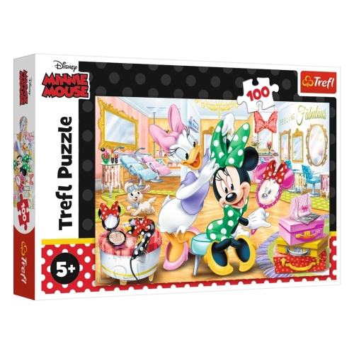 Pudełko puzzli Trefl z Myszką Minnie i Kaczuszką Daisy w salonie kosmetycznym, z oznaczeniem 100 elementów i wieku 5+.