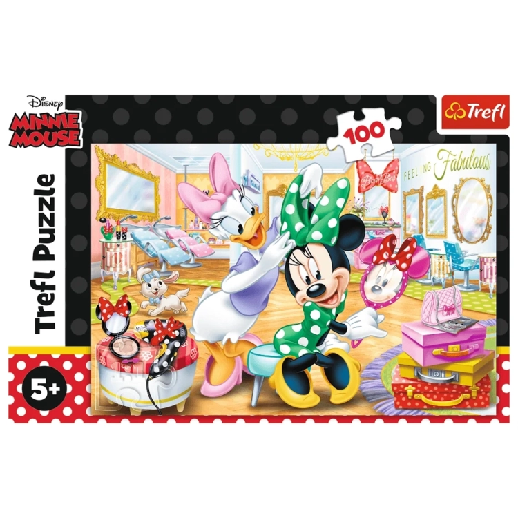 Front opakowania puzzli Disney Minnie Mouse marki Trefl w czarno-białe kropki z informacją o liczbie elementów.