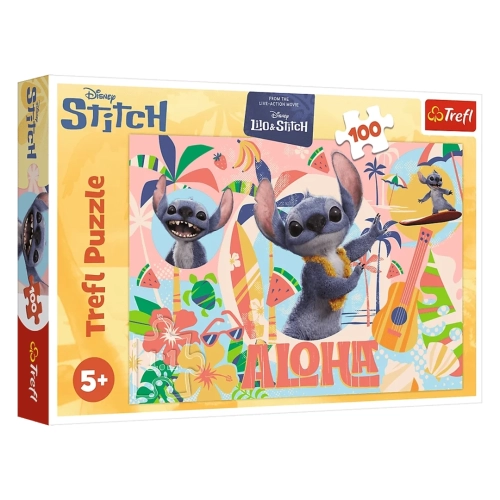 Opakowanie puzzli Trefl z postacią Stitcha w hawajskim stylu, zawierające 100 elementów, przeznaczone dla dzieci od 5 roku życia.