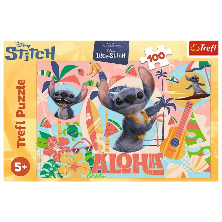 Widok na front pudełka puzzli Disney Stitch marki Trefl z wyraźnym oznaczeniem liczby elementów i sugerowanego wieku użytkownika.