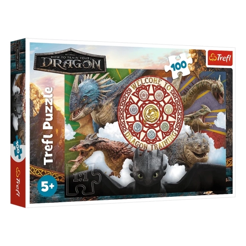 Pudełko puzzli Trefl z grafiką z filmu "Jak wytresować smoka", przedstawiające różne gatunki smoków, z oznaczeniem 100 elementów i wieku 5+.