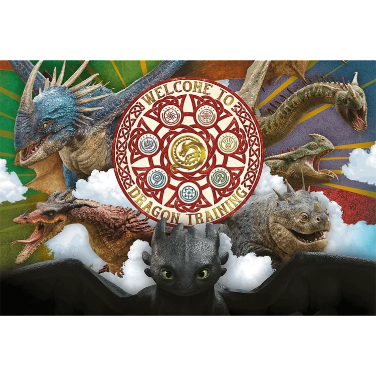 Kolorowa ilustracja do ułożenia z postaciami smoków, w tym Szczerbatka, oraz centralnym emblematem "Welcome to Dragon Training".