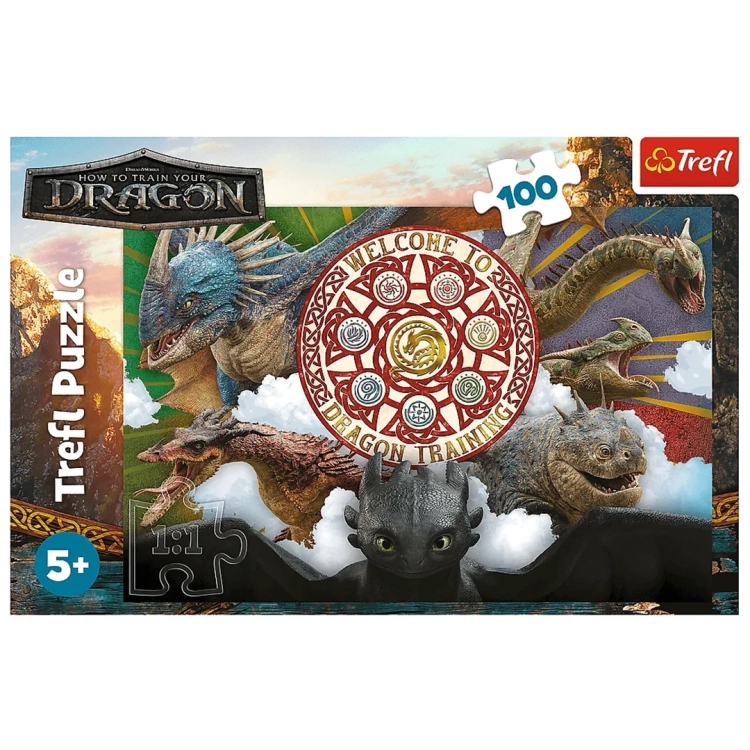 Front opakowania puzzli "Jak wytresować smoka" marki Trefl z wyraźnym logo filmu i symbolem skali elementu 1:1.