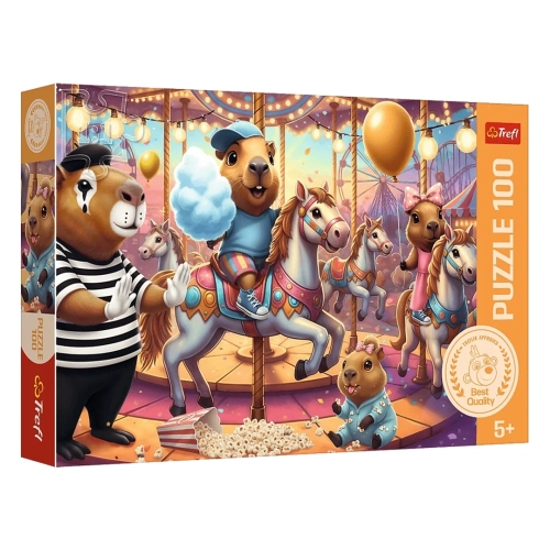 Opakowanie puzzli Trefl przedstawiające uśmiechnięte kapibary na karuzeli w wesołym miasteczku, z oznaczeniem 100 elementów i wieku 5+.