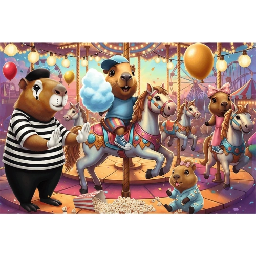 Kolorowa ilustracja do ułożenia prezentująca kapibary bawiące się w lunaparku, jedzące watę cukrową i popcorn.