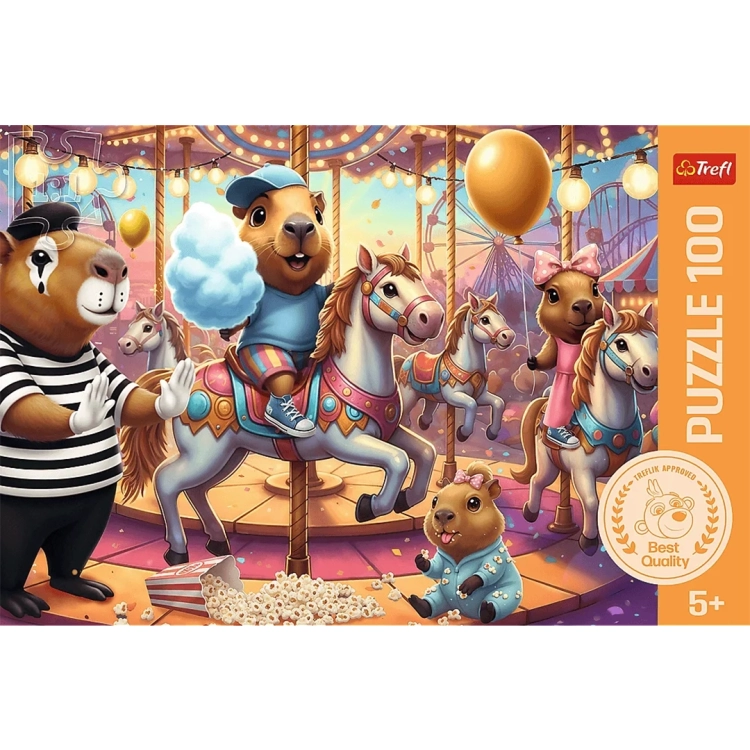 Front pudełka puzzli "Kapibary na wakacjach" marki Trefl z widoczną grafiką, logo producenta oraz certyfikatem jakości "Treflik Approved".