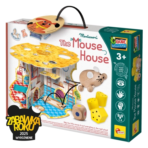 Opakowanie zabawki edukacyjnej Montessori "The Mouse House" marki Lisciani, przedstawiające tekturowy domek w kształcie sera, drewnianą myszkę oraz akcesoria do gry.