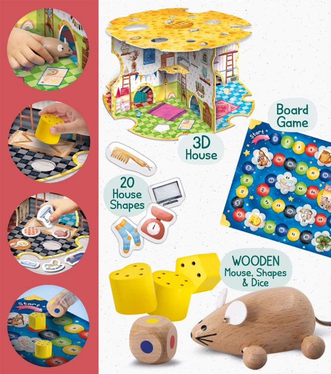 Zestawienie zawartości zestawu Montessori: domku 3D, planszy do gry, 20 kartonowych kształtów oraz drewnianej myszki z kostką i klockami.