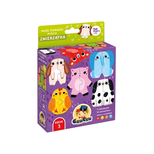 Fioletowe opakowanie puzzli edukacyjnych CzuCzu "Moje pierwsze puzzle Zwierzątka" dla dzieci powyżej 15 miesiąca życia.