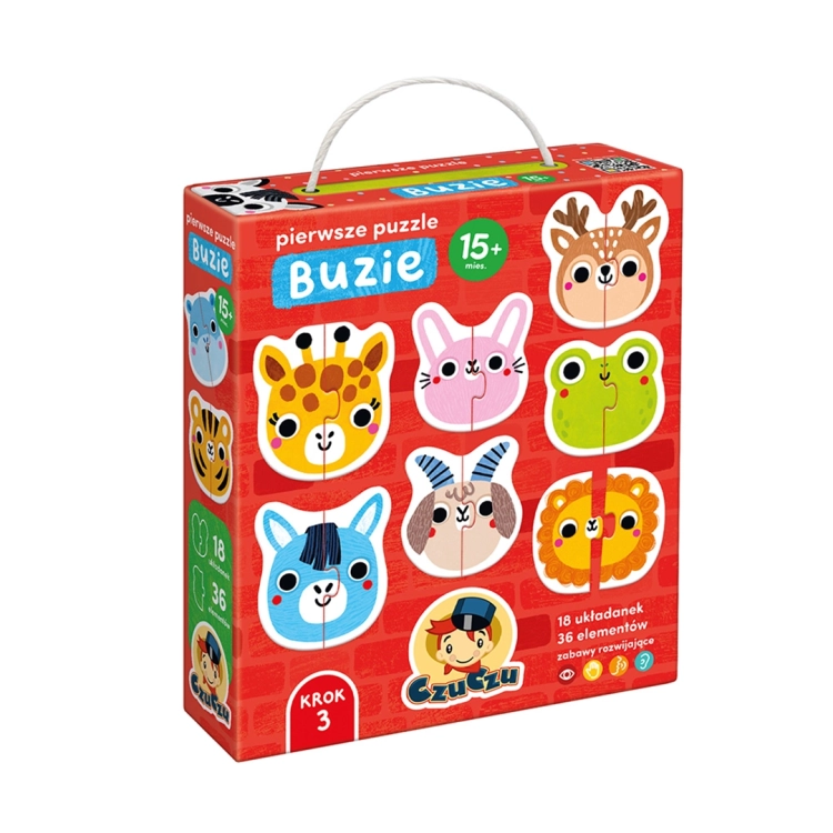 Czerwone opakowanie puzzli edukacyjnych CzuCzu "Pierwsze puzzle Buzie" przeznaczonych dla dzieci powyżej 15 miesiąca życia.