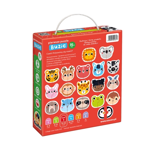 Tył opakowania produktu zawierający opis korzyści edukacyjnych, ilustracje wszystkich dostępnych układanek oraz tabelę poziomów trudności.