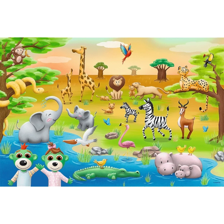 Kolorowa ilustracja do ułożenia prezentująca różnorodne zwierzęta safari, m.in. słonie, żyrafy, lwy i zebry w bajkowej scenerii.