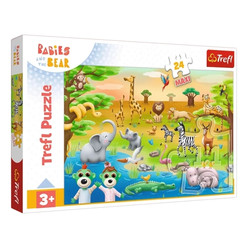 Pudełko puzzli Trefl Maxi z serii „Babies and the Bear” przedstawiające zwierzęta na safari, z oznaczeniem 24 elementów i wieku 3+.