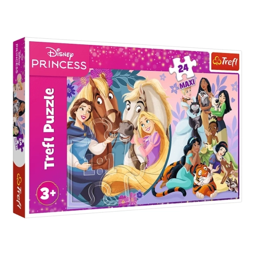 Pudełko puzzli Trefl Maxi z serii Disney Princess, przedstawiające m.in. Bellę, Roszpunkę i Dżasminę z ich zwierzęcymi towarzyszami, z oznaczeniem 24 elementów i wieku 3+.