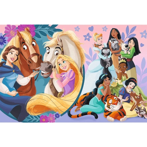 Kolorowa ilustracja do ułożenia z grupą Disney Princess: Bellą, Roszpunką, Kopciuszkiem, Pocahontas, Mulan, Tianą, Śnieżką i Dżasminą w otoczeniu zwierząt i kwiatów.