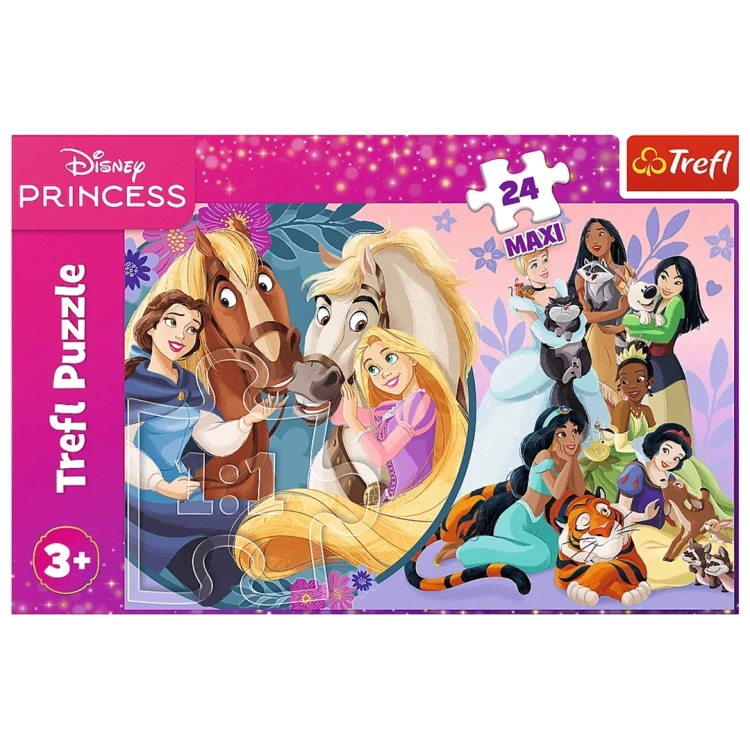Front opakowania puzzli Disney Princess marki Trefl z wyraźnym logotypem oraz informacją o dużym rozmiarze elementów układanki (Maxi).