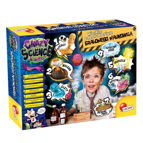 Opakowanie zestawu naukowego Crazy Science „Wielkie Laboratorium Szalonego Naukowca” marki Lisciani, prezentujące 7 różnych eksperymentów, takich jak wulkan, gluty czy sztuczny śnieg.