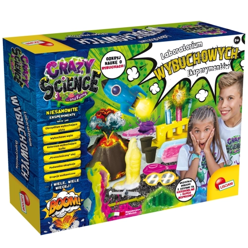 Kolorowe opakowanie zestawu naukowego Crazy Science "Laboratorium wybuchowych eksperymentów" z ilustracjami wulkanu, rakiety i przyborów laboratoryjnych.