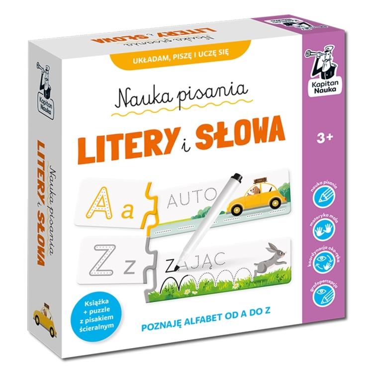Opakowanie zestawu "Nauka pisania Litery i słowa" Kapitana Nauki, zawierające informację o wieku 3+ oraz zawartości książki, puzzli i mazaka.