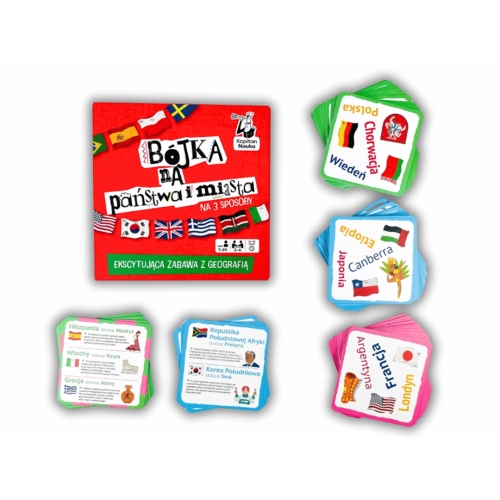 Zestaw elementów gry: czerwone pudełko oraz stosy kolorowych kart z nazwami stolic, państw i ciekawostkami geograficznymi.