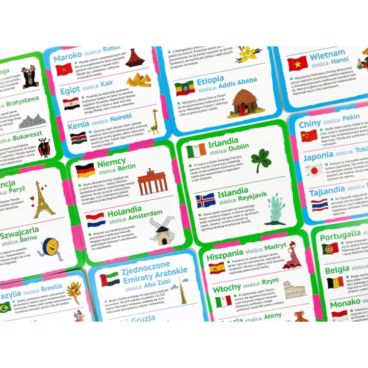 Zbliżenie na edukacyjne karty z opisami państw, takimi jak Egipt, Niemcy czy Islandia, zawierające flagi i grafiki zabytków.