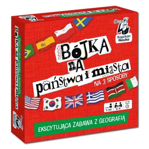 Czerwone, kwadratowe opakowanie gry geograficznej „Bójka na państwa i miasta” marki Kapitan Nauka dla osób w wieku 7-99 lat.