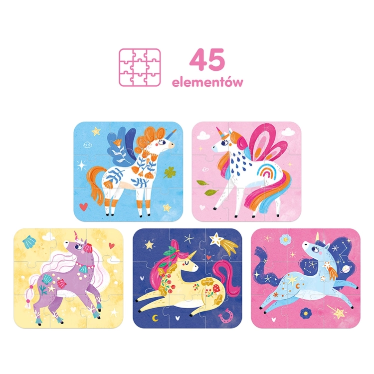 Zestaw pięciu ułożonych obrazków z kolorowymi jednorożcami na białym tle pod napisem „45 elementów”.