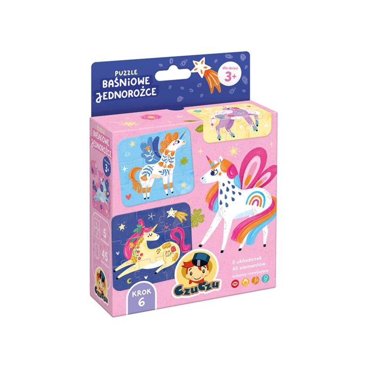 Różowe opakowanie puzzli edukacyjnych CzuCzu z serii „Baśniowe Jednorożce” dla dzieci powyżej 3 roku życia.