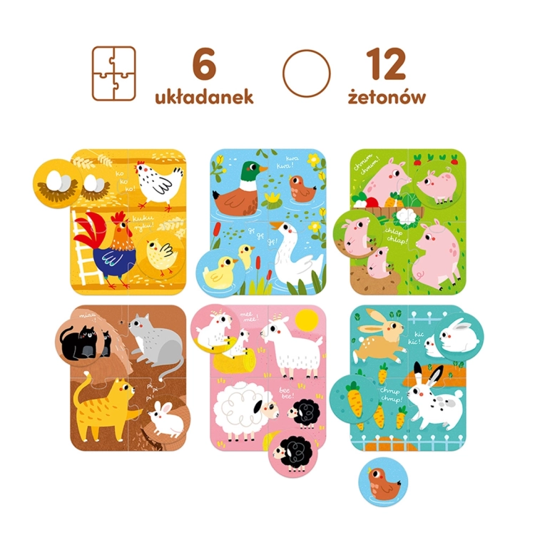 Zestawienie zawartości zestawu: 6 kolorowych układanek oraz 12 okrągłych żetonów z ilustracjami zwierząt i ich przysmaków.