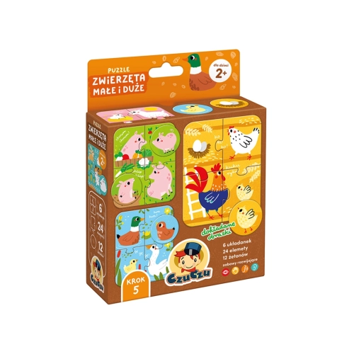 Brązowe, kwadratowe pudełko puzzli edukacyjnych CzuCzu z serii „Zwierzęta małe i duże” dla dzieci od 2 roku życia.