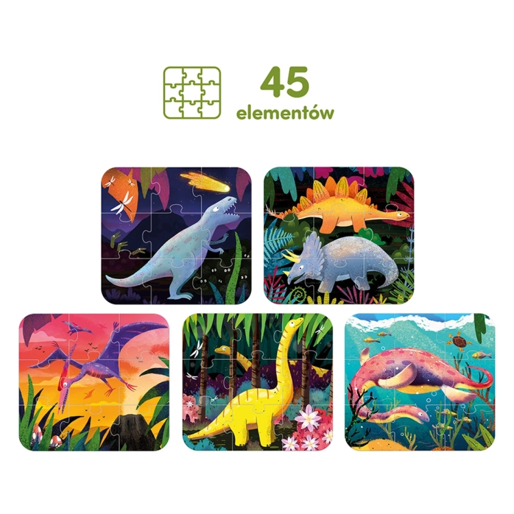 Zestaw pięciu kolorowych, ułożonych obrazków przedstawiających różne gatunki dinozaurów, m.in. tyranozaura, diplodoka i triceratopsa.