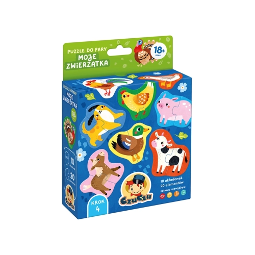 Niebieskie opakowanie puzzli edukacyjnych CzuCzu „Moje zwierzątka – puzzle do pary” dla dzieci powyżej 18 miesiąca życia.