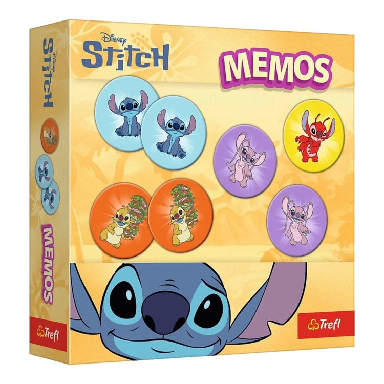 Opakowanie gry pamięciowej Memos Lilo i Stitch, przedstawiające kolorowe kafelki gry memory z postaciami ze Stitcha oraz dużą postać głównego bohatera u dołu.