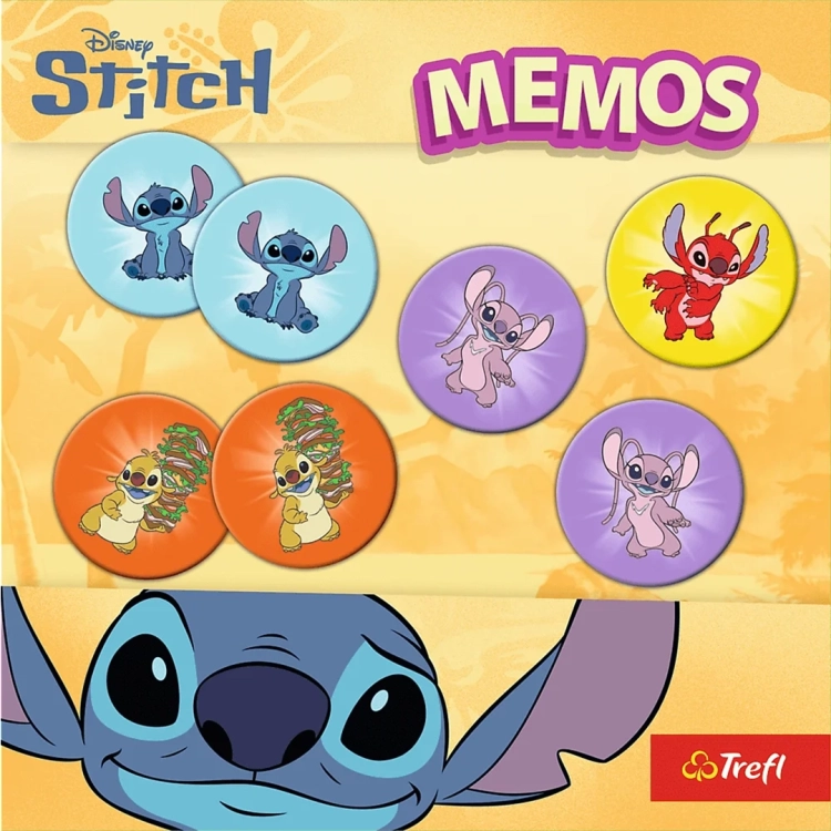 Kwadratowe opakowanie gry Memos Disney Stitch marki Trefl w żółtej kolorystyce z widocznymi okrągłymi kafelkami.