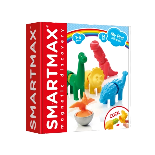 Kolorowe opakowanie zestawu magnetycznego SmartMax „My First Dinosaurs” przedstawiające pięć figurek dinozaurów i informację o 14 elementach.