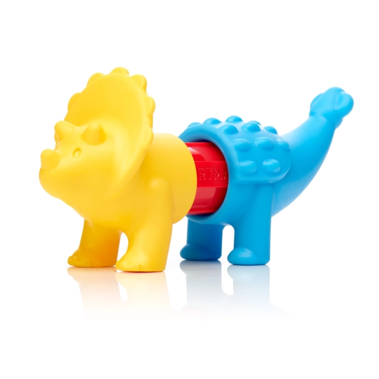 Przykładowa figurka stworzona z połączenia żółtego przodu triceratopsa i niebieskiego tyłu innego dinozaura za pomocą czerwonego łącznika.