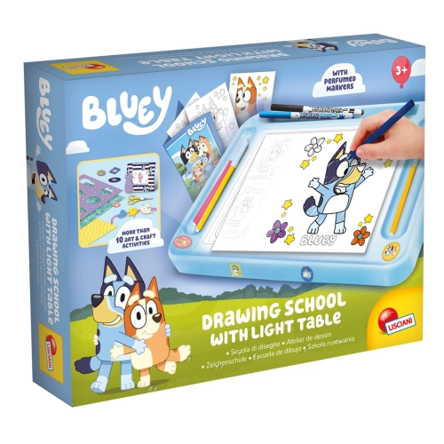 Niebieskie opakowanie zestawu kreatywnego Lisciani „Bluey Drawing School”, przedstawiające tablicę LED, rysunki postaci i perfumowane mazaki.