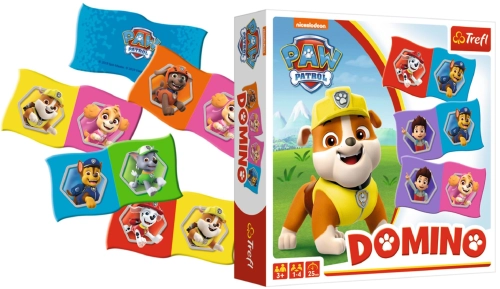 Pudełko gry Domino „Psi Patrol” wraz z rozsypanymi, falistymi kafelkami z pieskami.
