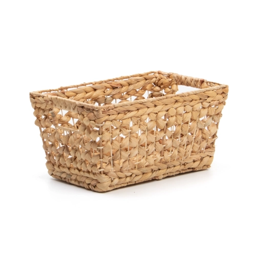 Prostokątny organizer dziecięcy w rozmiarze M, wykonany z plecionego hiacyntu wodnego. Kosz ma naturalny brązowy kolor, ażurowe ścianki i zintegrowane uchwyty po bokach.