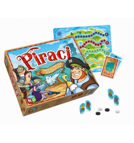 Elementy gry planszowej Piraci – plansza, pionki, karty i kostka